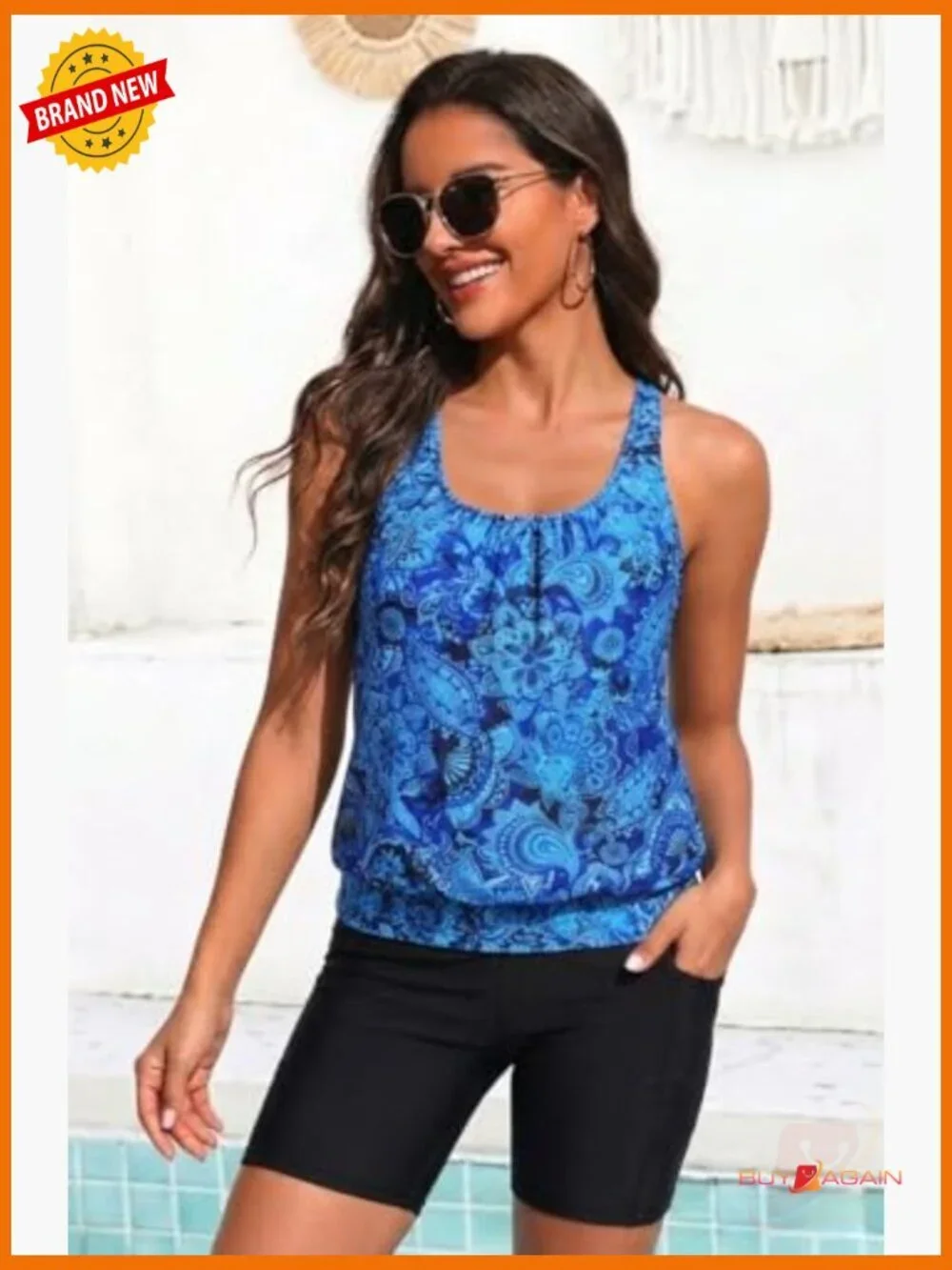 Tankini with Boy-Leg Shorts Blouson Athletic Bathing Suit 2 Piece